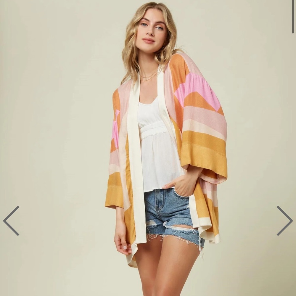 O'Neill Pink, Mustard & Cream Stripe Swim Coverup Kimono